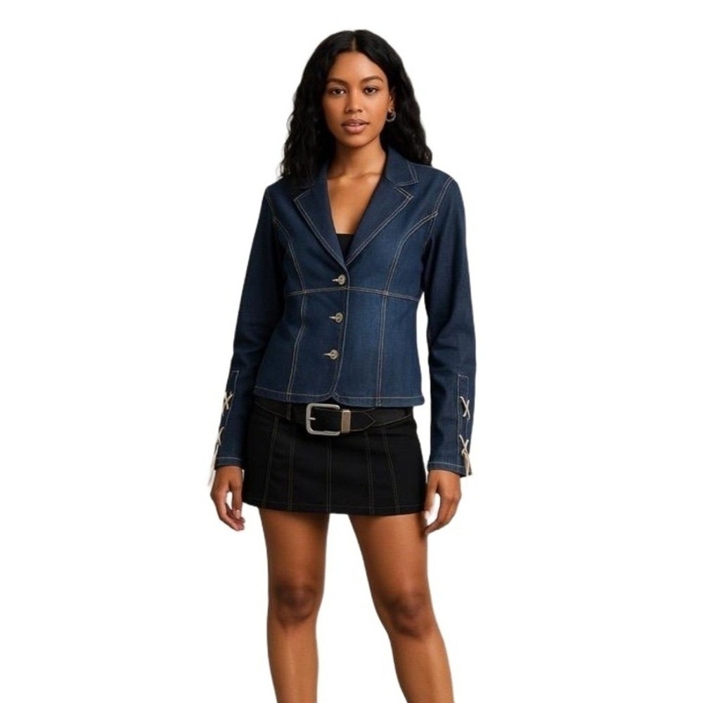 R4R Rave Jeans Denim Blazer Jacket Women's Large Lace-Up Sleeve Y2K, 70's Vibe